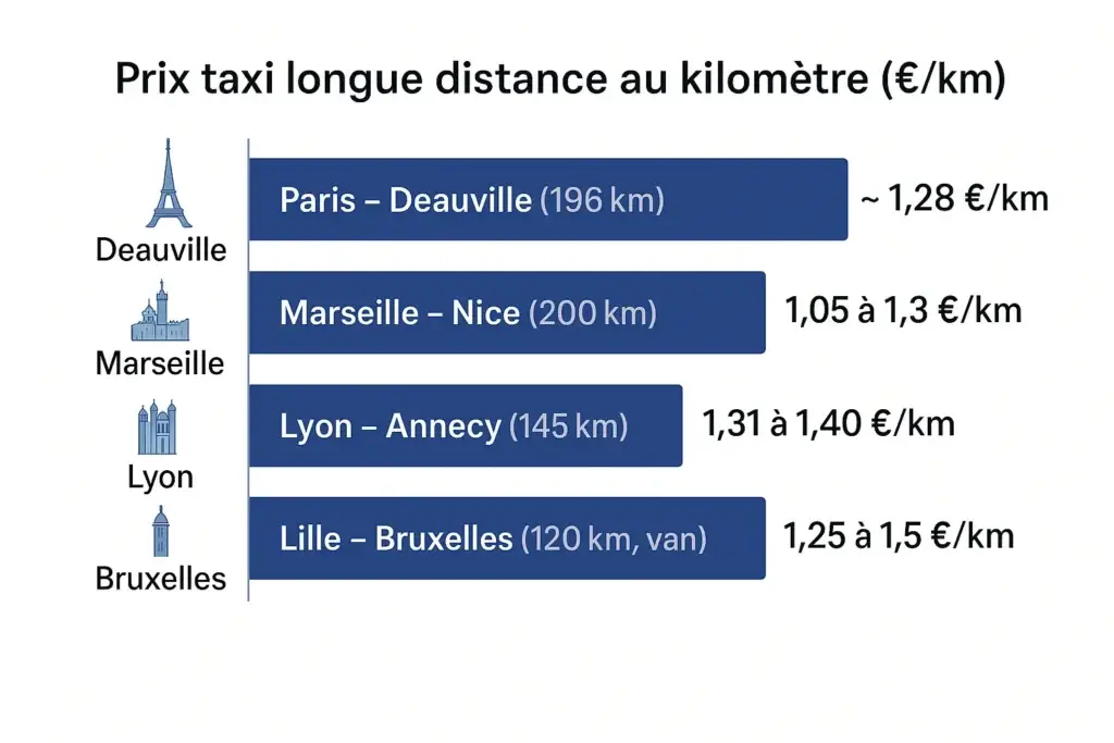 Prix taxi longue distance au kilomètre : Paris-Deauville, Marseille-Nice, Lyon-Annecy et Lille-Bruxelles