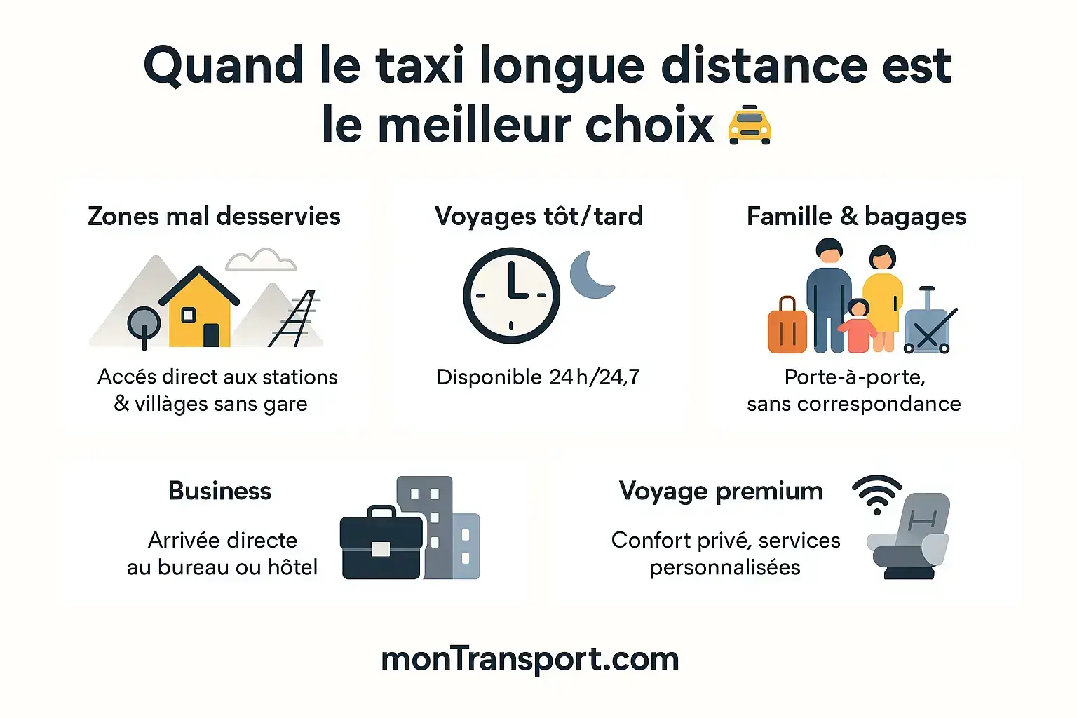 Infographie présentant 5 cas concrets où le taxi longue distance est plus avantageux que le train : zones mal desservies, voyages tôt ou tard, voyages en famille avec bagages, déplacements business, voyages premium.