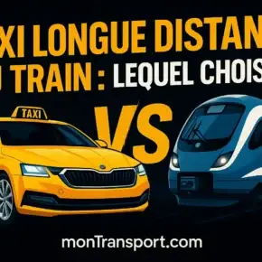 Illustration comparant un taxi longue distance et un train, avec le titre “Taxi longue distance ou train : lequel choisir ?” et la mention monTransport.com.