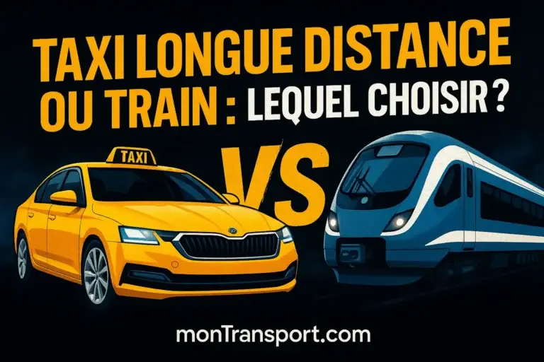 Illustration comparant un taxi longue distance et un train, avec le titre “Taxi longue distance ou train : lequel choisir ?” et la mention monTransport.com.